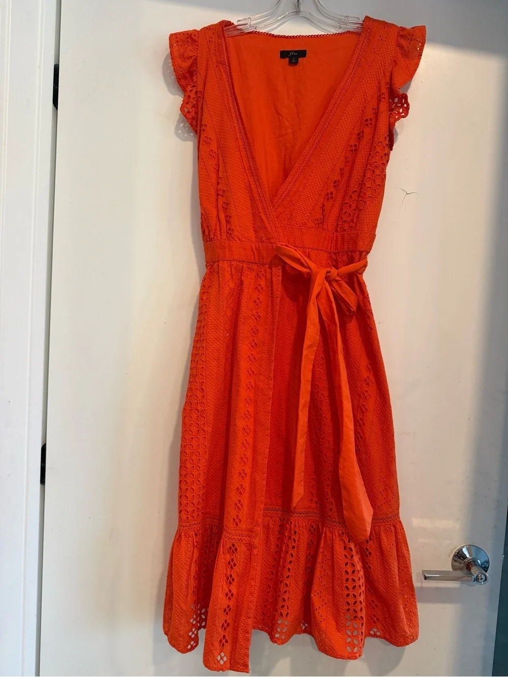 J.Crew Orange Eyelet Lace Midi Dress Ruffle Hem Tie Back Bow Wrap Style Sz 2
